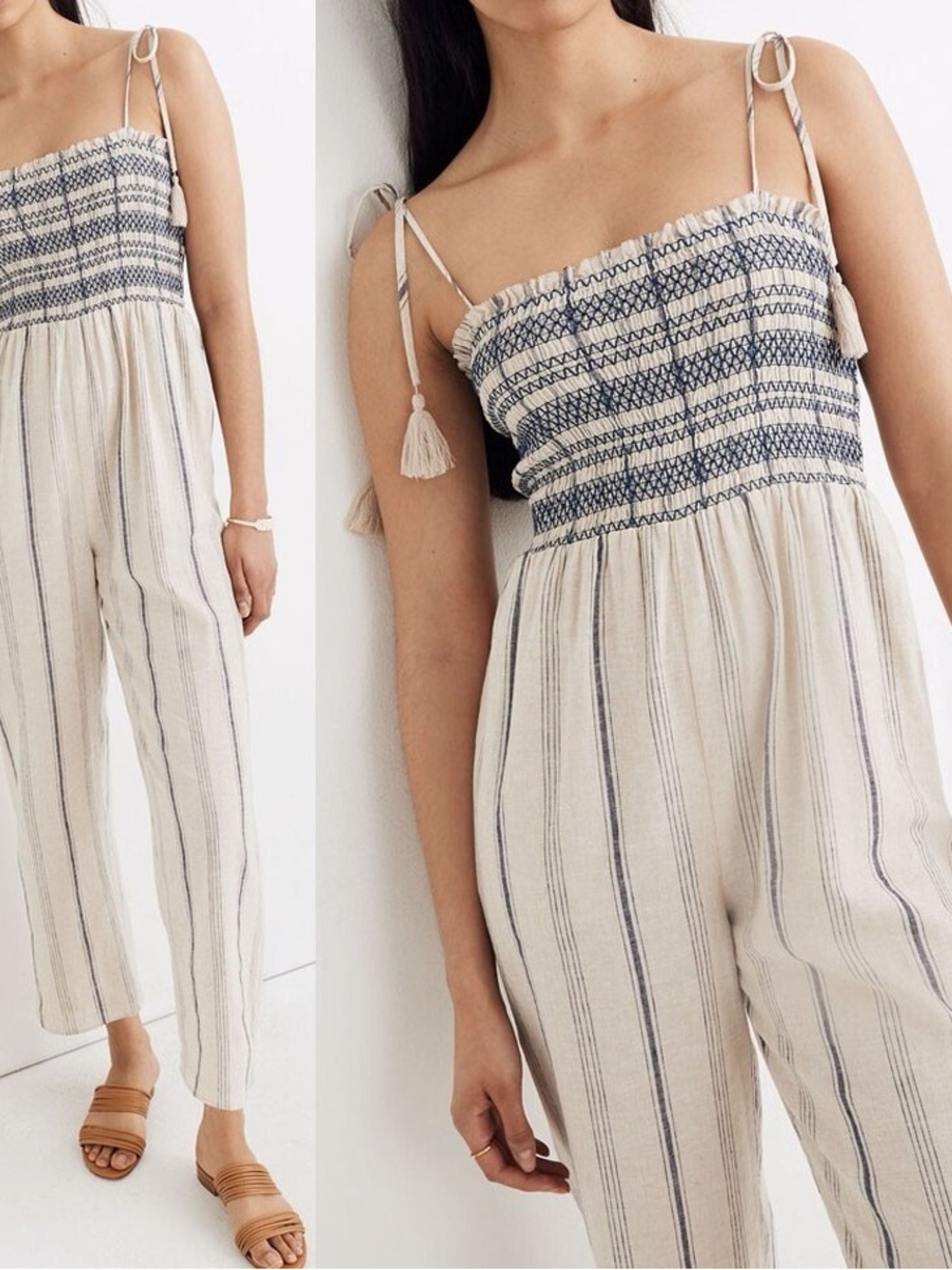 Madewell Striped Smocked Cami Jumpsuit with Tassel Strap Tie - Size M